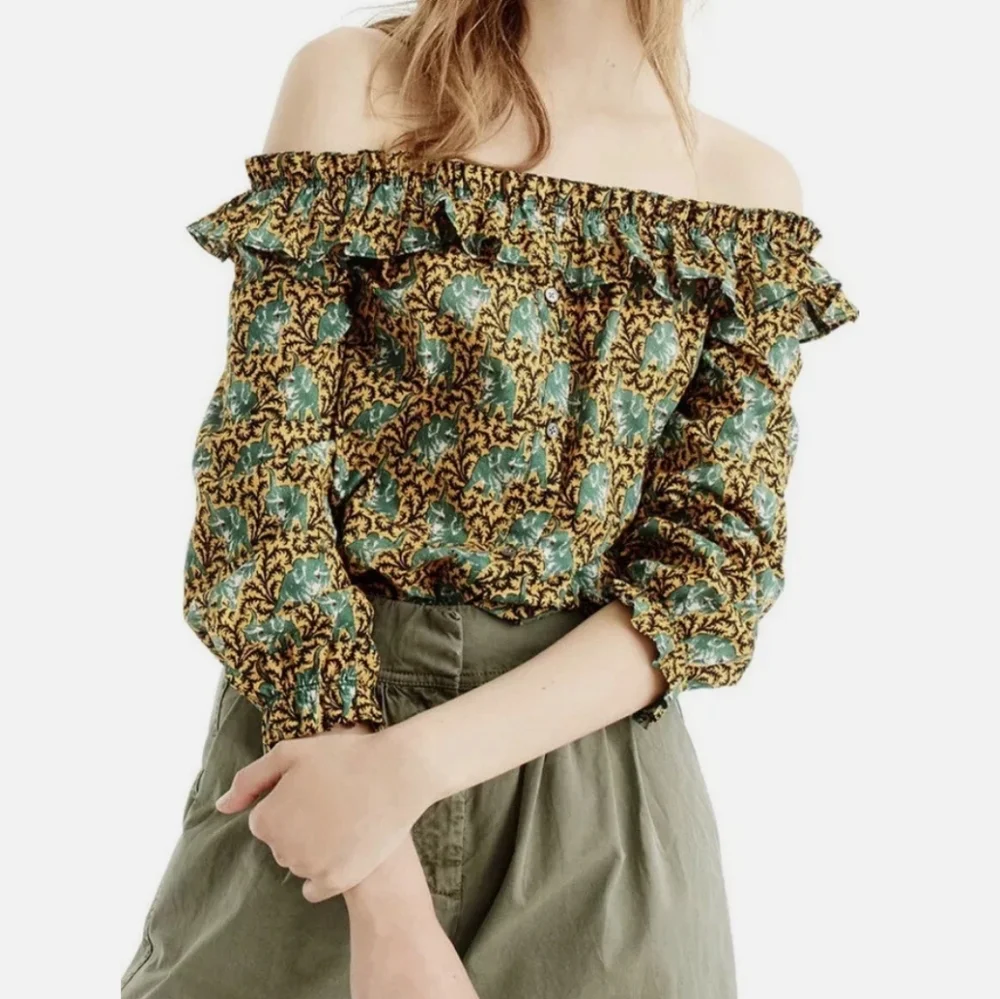 J. Crew Ratti Safari novelty elephant print Off the Shoulder top ruffle